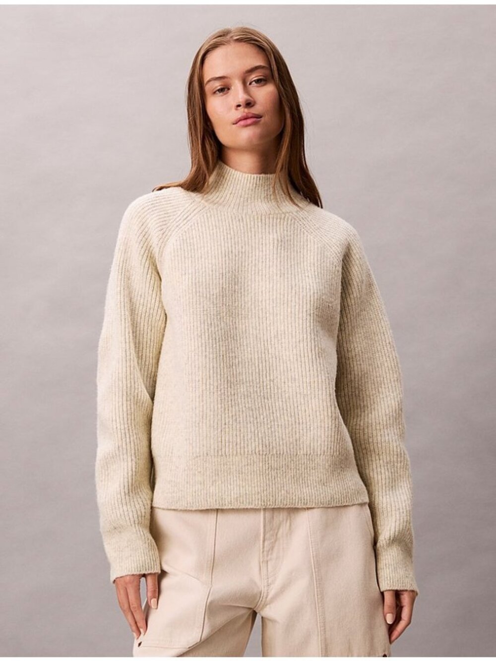 Calvin Klein Soft Ribbed Knit Jumper, wool blend, Small ivory/grey Minimalist
